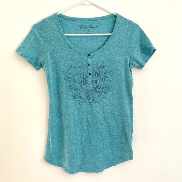 LUCKY BRAND Heathered Heather Aqua Blue Graphic Henley Short Sleeve T-Shirt Tee - Picture 1 of 10